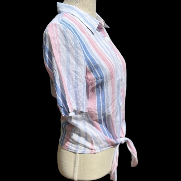🌻Alexia Admor Blue Pink Linen Striped Button-Up Tie Short Sleeve Top Size 6 - Picture 7 of 11